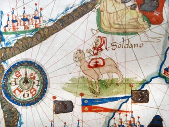Arabský obchodník na velbloudu, detail z renesanční mapy Evropy, Jacopo Russo (po) 1528