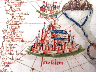 Detail zobrazující Jeruzalém a Damašek z renesanční mapy Evropy, Jacopo Russo (po), 1528