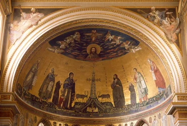 Vnitřní pohled na apsidu baziliky sv. Jana v Lateránu. Mozaika Jacopa Torritiho (činný kolem 1291-14. století) a Jacopa da Camerino (činný kolem 1288-1331) znázorňující Nebeský Jeruzalém. Řím