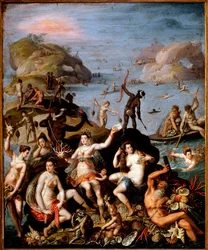 Lov korálů. Alegorické zobrazení objevení Nového světa. Vodní a indiánské nymfy s bohatstvím moře, korály a perlorodkami. Kolem roku 1585, rozměry: 55 x 45 cm, Řím, Galleria Borghese