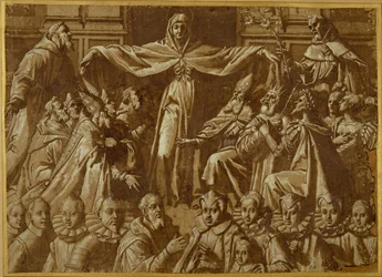 Madonna della Misericordia se sv. Františka a Dominika s dalšími světci a panovníky a rodinou dárců (pero a hnědý inkoust s lazurou a bílou barvou těla na papíře)