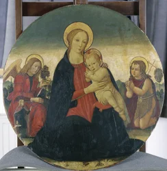 Madona s dítětem s archandělem Rafaelem a svatým Janem, kolem roku 1490 (tempera na topolovém dřevě)