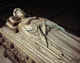 Ležící Ilaria del Carretto (1379-1405), manželka italského politika Paola Guinigiho (1376-1432) - náhrobní monument Ilarie del Carretto, manželky Paola Guinigiho. Mramorová socha Jacopa della Quercia (1371/74-1438), 1406-1407, Lucca, katedrála San