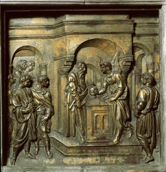 Anděl se zjevuje Zachariášovi (bronzová deska z křtitelnice, kolem roku 1427)