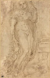 Alegorická postava s kočkou a prasetem, asi 1530 (kresba perem a tuší)