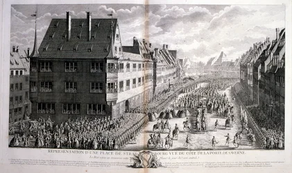 Ilustrace Ludvíka XV., francouzského krále, vládl 1715-1774, z 18. století, procházející ulicí Rue de Strasbourg v Paříži.