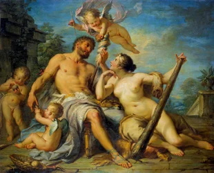 Herkules a Omfalé. Herkules (Héraklés) je zamilovaný do Omfalé, jejímž je otrokem. Obraz Jacquese Dumonta, zvaného Říman (1701-1781). 1728. Rozměry: 1,33 x 1,67 m. Tours, Muzeum krásných umění