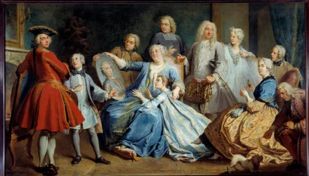 Portrét Madame Mercier, zdravotní sestry Ludvíka XV., obklopená svou rodinou. Obraz od Jacquese Dumonta, dit le Romain (1701-1781)