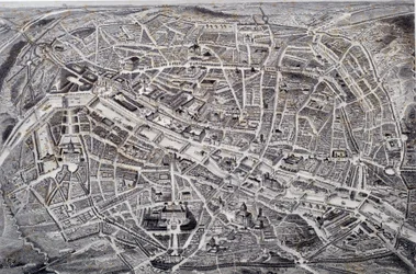 Mapa Paříže v reliéfu a ptačí muška s okolím a opevněním. Hlubotisk od Jacquese Alphonse Testarda (1810-?) Paříž 19. století, Musee Carnavalet