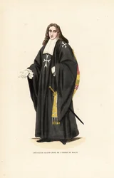 Velký kříž johanitských rytířů, maltézský řád, rytířský řád nemocnice svatého Jana Jeruzalémského, rytíř Grand-Croix de l’Ordre de Malte. Ručně kolorovaná dřevorytina podle ilustrace Jacquese Charlese Bara z Abbot Tiron’s