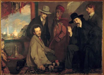 André Gide a jeho přátelé v Café Maure na Světové výstavě roku 1900 (Eugène Rouart; Charles Chanvin; Athman Ben Salah; Henri Ghéon). Malba od Jacquese-Émila Blanche (1861-1942), 1900. Rozměry: 1,56x2,2 m. Rouen, Musée des Beaux-Arts