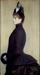 Portrét madame Walletové. Pastelová malba Jacquese-Émila Blanche (1861-1942), 1887. Slunečno. 1,3 x 0,65 m, Paříž, muzeum Orsay