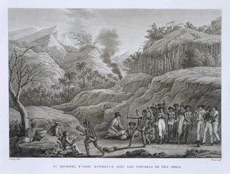 Velké asijské souostroví: Francouzští průzkumníci s domorodci na ostrově Ombai, z Voyage Autour du Monde (1817-20), Louis Claude De Saulces de Freycinet (1779-1842), vyryto Bovinetem, vyd.