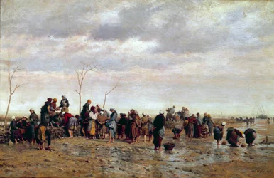 Mořští sběrači. Osterkultura: ženy sbírají ústřice u nízkých klisen. Obraz Eugene Feyen (1815-1908)