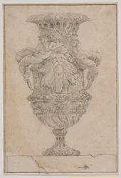 Okrasná váza s velkou hlavou, mořským bohem a vodní nymfou. Kopie po Pl. 26 v soupravě váz navržených Saly v roce 1746. "Vasa a se inventa..."