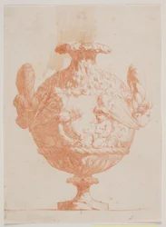 Dekorativní váza se dvěma hlavami a dvěma putti. Zkopírujte podle pl. 19 v soupravě váz navržených Saly v roce 1746. "Vasa a se inventa..."