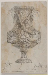 Dekorativní váza se dvěma hlavami a dvěma vodními nymfami. Kopie po Pl. 20 v soupravě váz navržených Saly v roce 1746. "Vasa a se inventa..."