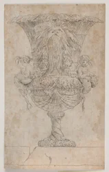 Dekorativní váza se dvěma putti (mořské panny?). Kopie po úpravě (pl. 9) v soupravě váz, které Saly nakreslil v roce 1746. "Vasa a se inventa..."