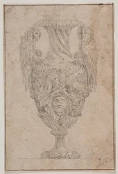 Dekorativní váza se dvěma sovami a hlavou. Kopie po Pl. 15 v soupravě váz nakreslených Saly v roce 1746, "Vasa a se inventa..."