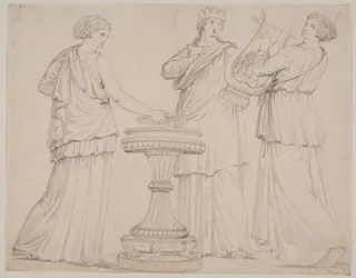 Tři ženy v řeckých rouchách u oltáře. Žena tv. s tabletou (?), uprostřed s korunkou, t.h. s lyrou (terpsichore?)