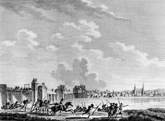 Francouzská revoluce: Deroute de Passy (Pacy sur Eure nebo Pacy-sur-Eure) dne 13. července 1793. Rytina Berthaut po Swebachovi. Paříž, knihovna Ústavu dějin revoluce