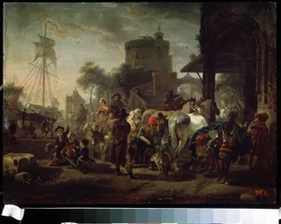 The horse fair (A horse fair). Obraz Jacques-Francois (Jacques Francois) Joseph Swebach (1769-1823). Olej na plátně, 24 x 42 cm