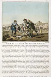 Sebastien le Prestre de Vauban (1633-1707) při obléhání Valenciennes (1677), vyryl Jean Baptiste Morret (fl.1790-1820), 1790 (kolorovaná litografie)