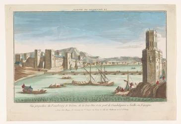 Pohled na čtvrť Triana, most přes řeku Guadalquivir a Torre del Oro v Seville Le fauxbourg de Seville (název na objektu)