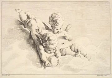 Dva Cupids, jeden drží míč, střední k pozdní 18. století.