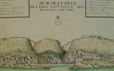 Město Saint Jago (Santiago) na Kapverdách, akvarel z lodního deníku vedeného Jacquesem Gouinem de Beauchesne, kapitánem lodi v jižních mořích v letech 1698 až 1701.