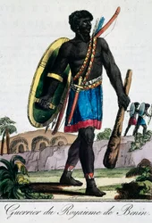 Warrior from Benin Africa, rytina z Travelling encyklopedie