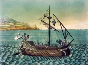 Duilius Corvus (nástupní zařízení) na římské válečné lodi s galérou, Jacques Grasset de Saint-Sauveur (1757-1810), rytina ze starověkého Říma
