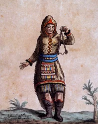 Žena z Hudsonského zálivu v tradičním kroji, barevná rytina Laroque, z Encyklopedie plaveb, Jacques Grasset de Saint-Sauveur (1757-1810)