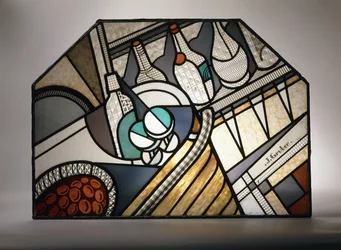 Secesní vitrážový panel zobrazující koktejlový bar