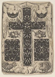 Latinský kříž s ptáky a menšími motivy, ca. 1614-19.