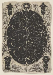 Oválné pouzdro zdobené Schweifwerk ve dvou variantách, obklopené menšími motivy..., ca. 1614-19.