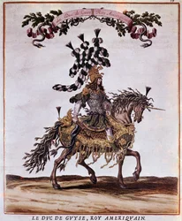 Rukopis kolotoče 1662. Vévoda z masky v americkém králi, účast na kolotoči 1662 (svátek konaný v Paříži za vlády Ludvíka XIV.). Ilustrace Jacques I. Bailly (1629 - 1679).
