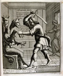Rytá ilustrace ze sbírky přísloví ze 17. století. Paříž 1657-1663. Autor: Jacques Lagniet (1620-1675). Francouzský rytec. Od něho mnoho společensky kritických rytin a posměšných obrázků, jako jsou jeho někdy groteskní a fantastické ilustrace.