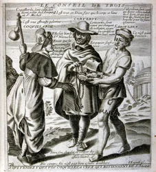 Rytá ilustrace ze sbírky přísloví ze 17. století. Paříž 1657-1663. Autor: Jacques Lagniet (1620-1675). Francouzský rytec. Od něho mnoho společensky kritických rytin a posměšných obrázků, jako jsou jeho někdy groteskní a fantastické ilustrace.