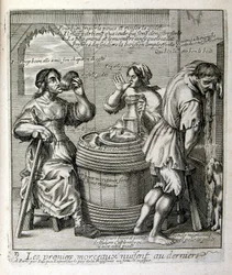 Rytá ilustrace ze sbírky přísloví ze 17. století. Paříž 1657-1663. Autor: Jacques Lagniet (1620-1675). Francouzský rytec. Od něho mnoho společensky kritických rytin a posměšných obrázků, jako jsou jeho někdy groteskní a fantastické ilustrace.