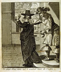 Rytá ilustrace ze sbírky přísloví ze 17. století. Paříž 1657-1663. Autor: Jacques Lagniet (1620-1675). Francouzský rytec. Od něho mnoho společensky kritických rytin a posměšných obrázků, jako jsou jeho někdy groteskní a fantastické ilustrace.