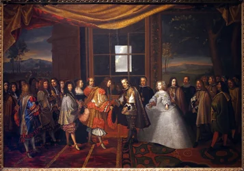 Třicetiletá válka: „“ Rozhovor s francouzským králem Ludvíkem XIV. (1638-1715) a Filipem IV. Španělským (1605-1665) na ostrově Paisans dne 7. 11. 1659“ Španělsko souhlasí s podpisem smlouvy o Pyreneje. Dcera Filipa IV., Marie Terezie (Marie-Therese)