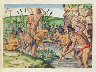 Jak indiáni sbírají zlato z potoků, z „Brevis Narratio...“, vyryl Theodore de Bry (1528-98), vydáno ve Frankfurtu, 1591
