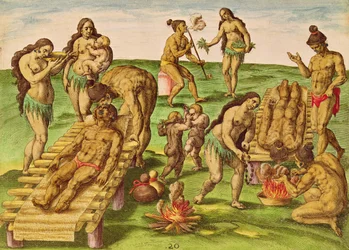 Jak indiáni ošetřují své nemocné, z díla „Brevis Narratio..“, rytina Theodore de Bry (1528-98), vydáno ve Frankfurtu, 1591