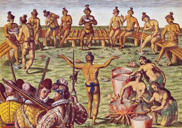 Jak se obyvatelé Floridy rozhodovali o důležitých věcech, z „Brevis Narratio...“, vyryl Theodore de Bry (1528-88) 1563
