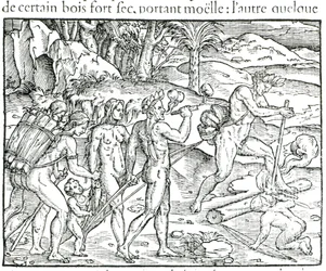 Domorodý Američan rozdělávající oheň po lovu, rytina Theodora de Bry (1525-75)