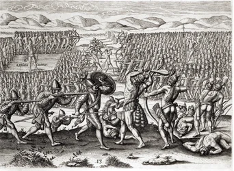 Outina porazí Patanoua s pomocí Francouzů, Florida, 1564, z „Brevis Narratio“ vyrytého Theodorem de Bry (1528-98) 1591 (viz také 223425 a 173458)