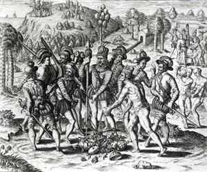 Španělé přijímající dary od indiánů, z „Historie“, 1598, vyryl Theodor de Bry (1528-98)