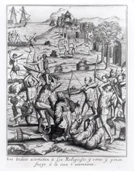 Indiáni útočí na kněze a ostatní a zapalují jejich domy, rytina z knihy "Americae", kterou napsal a vyryl Theodor de Bry (1528-98).