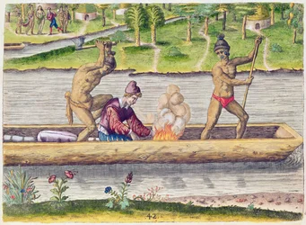 Vražda Francouze, z „Brevis Narratio..“, rytina od Theodora de Bry (1528-98), vydáno ve Frankfurtu, 1591